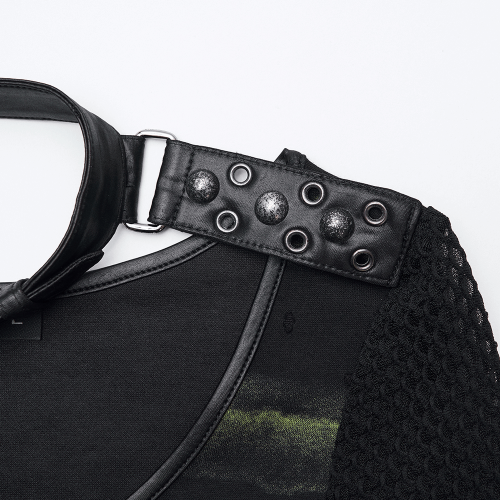 Punk Striped Mesh Long Sleeve Top with Tattered Fabric showing a decorative loop collar and mesh arm details.