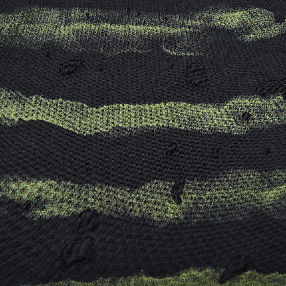 Punk Striped Mesh Long Sleeve Top with Tattered Fabric detail featuring green and black stripes.