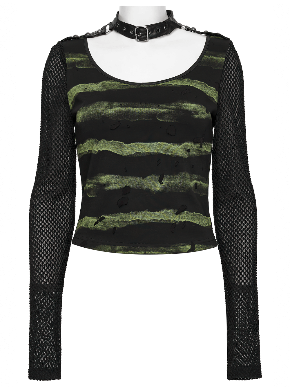 Punk Striped Mesh Long Sleeve Top with Tattered Fabric showcasing edgy design and chic mesh arms.
