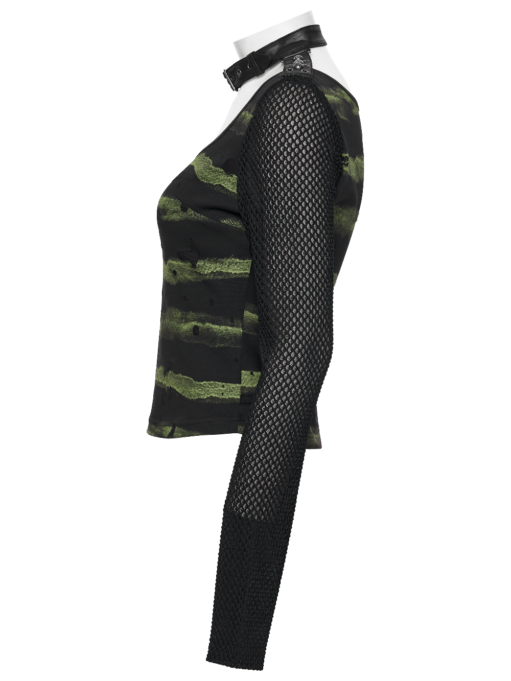 Punk Striped Mesh Long Sleeve Top with Tattered Fabric showcasing stripes and mesh arms for an edgy punk look.