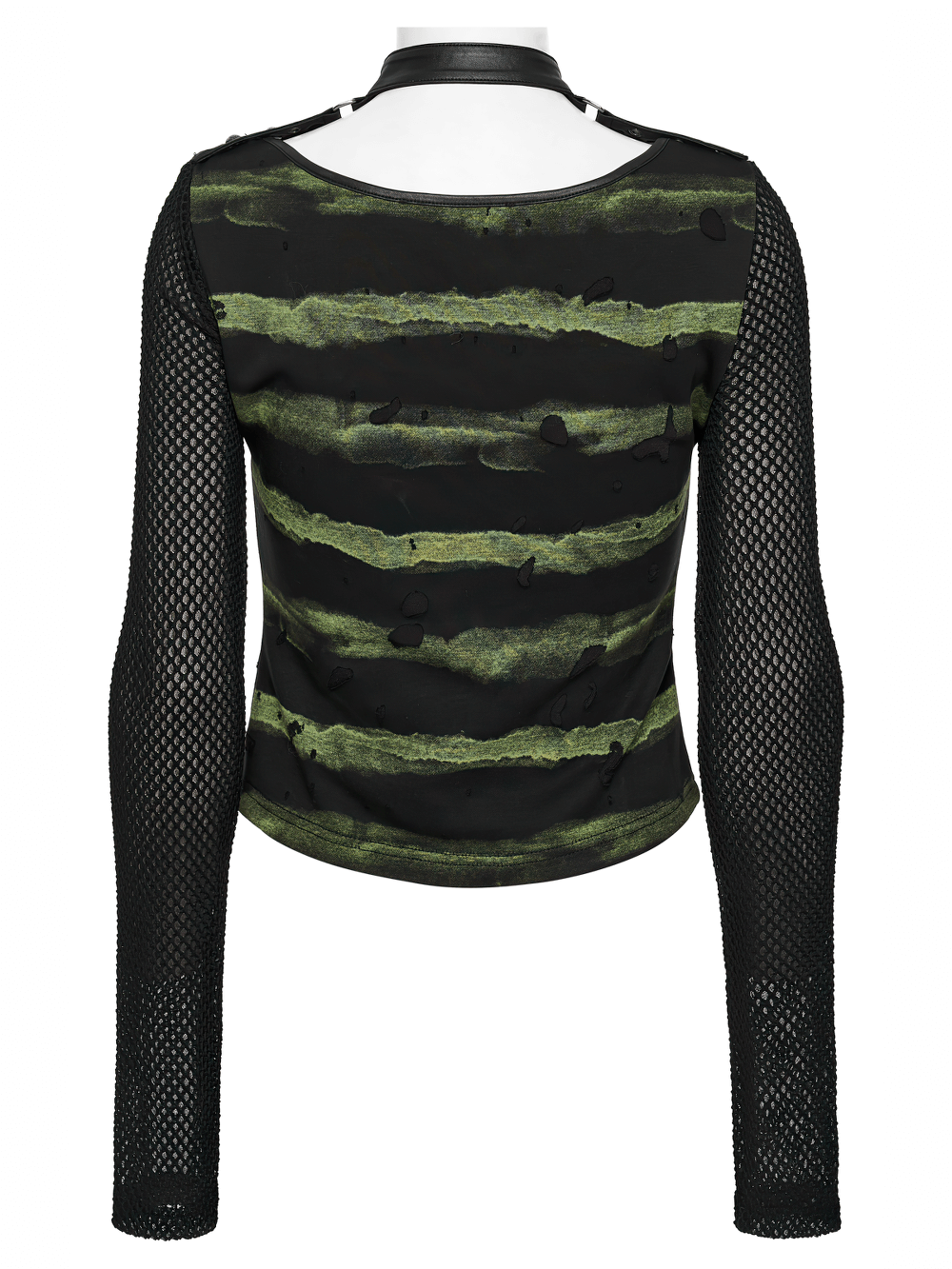 Punk Striped Mesh Long Sleeve Top with Tattered Fabric showcasing green and black stripes with mesh arms from the back.