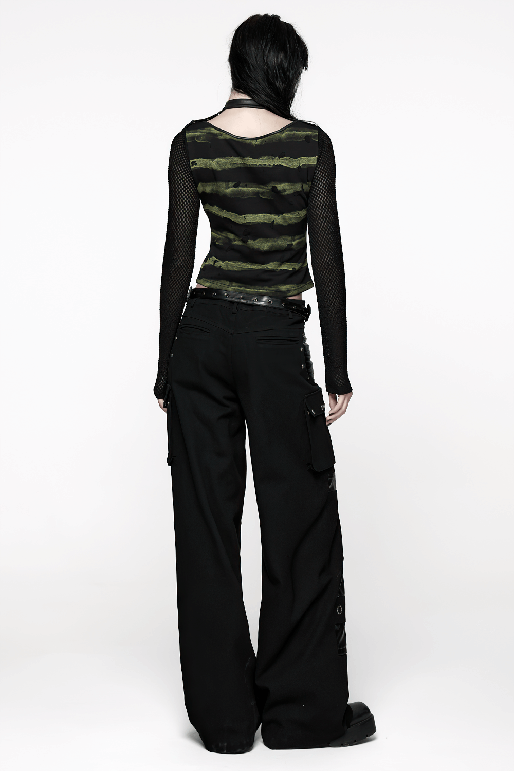 Punk Striped Mesh Long Sleeve Top with Tattered Fabric worn with black cargo pants, showcasing a bold punk style.