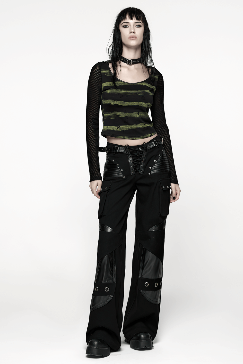 Punk Striped Mesh Long Sleeve Top with Tattered Fabric worn with edgy cargo pants and accessories in a bold fashion look.