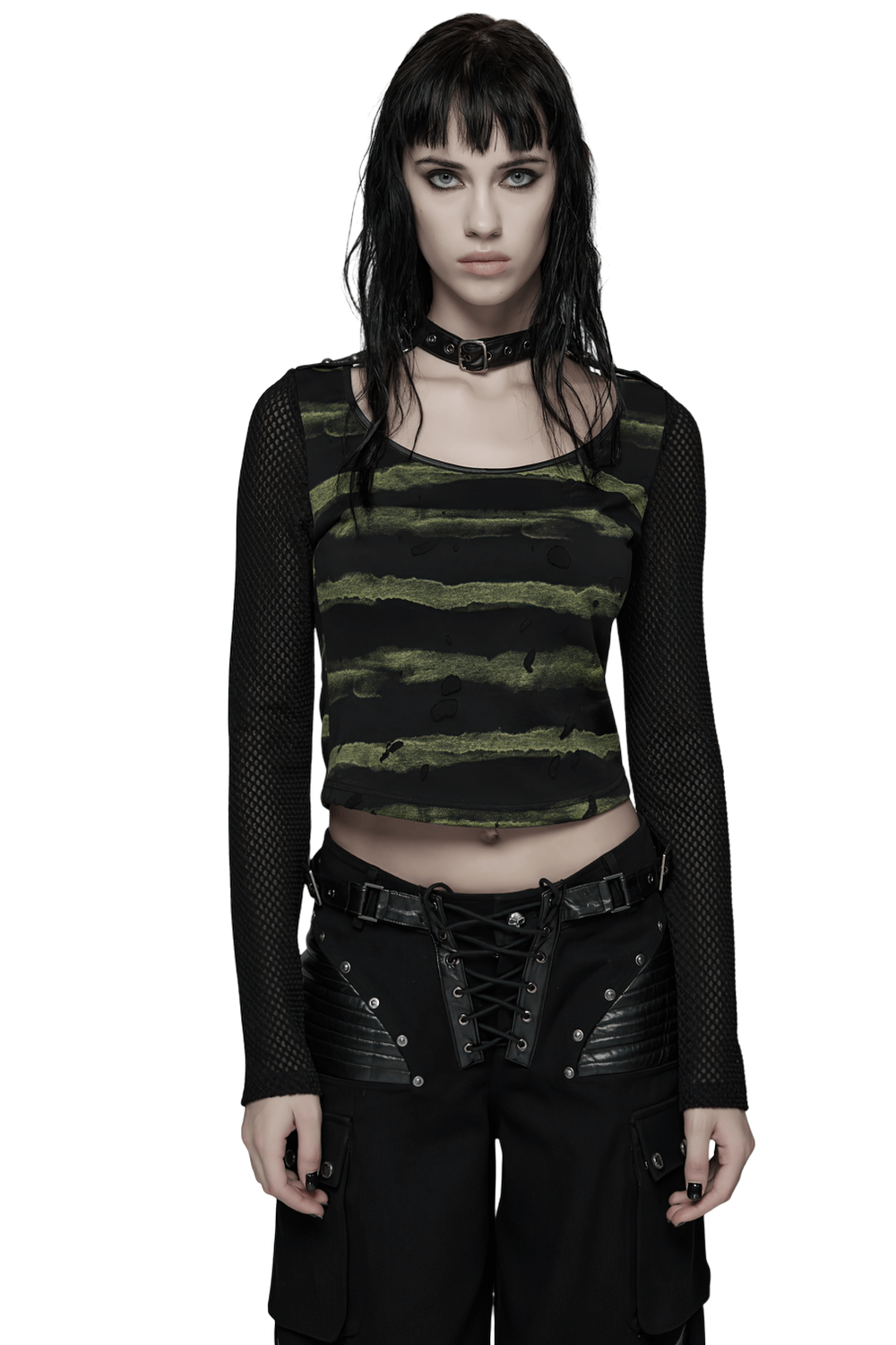 Punk Striped Mesh Long Sleeve Top with Tattered Fabric worn by a model with edgy punk style and accessories.