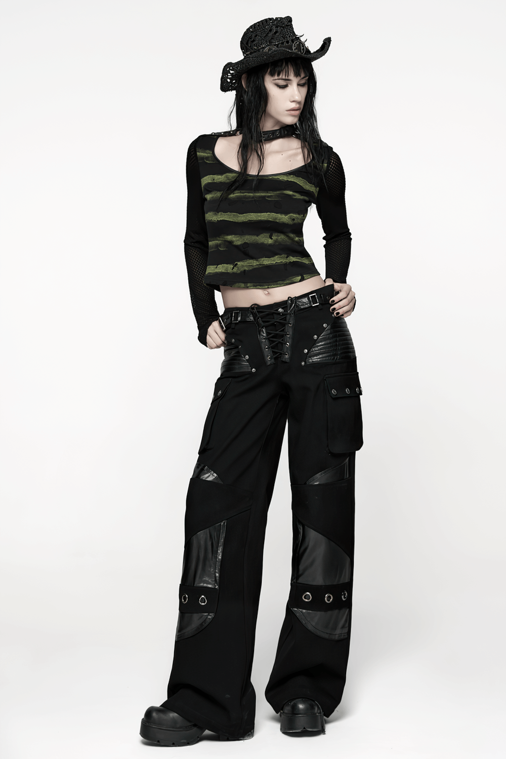 Punk Striped Mesh Long Sleeve Top with Tattered Fabric paired with edgy black cargo pants.
