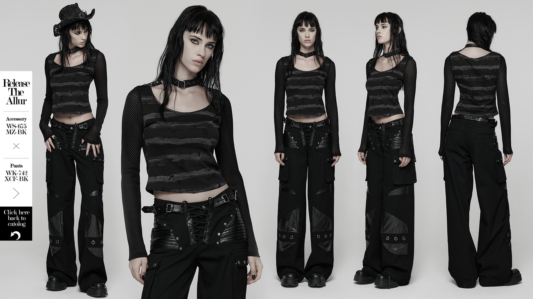 Punk Striped Mesh Top with Decorative Loop Collar worn with edgy pants and accessories, showcasing layered punk style.