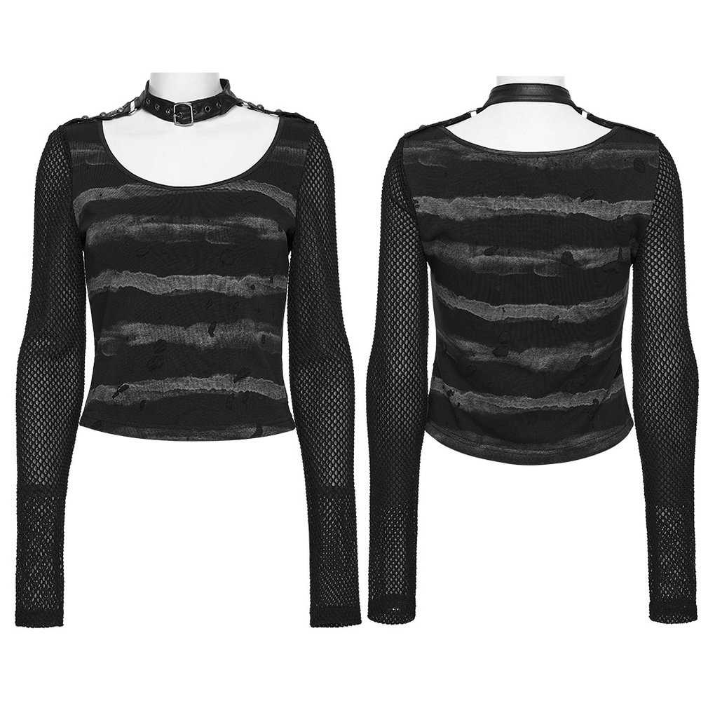 Punk Striped Mesh Top with Decorative Loop Collar featuring tattered stripes and mesh sleeves