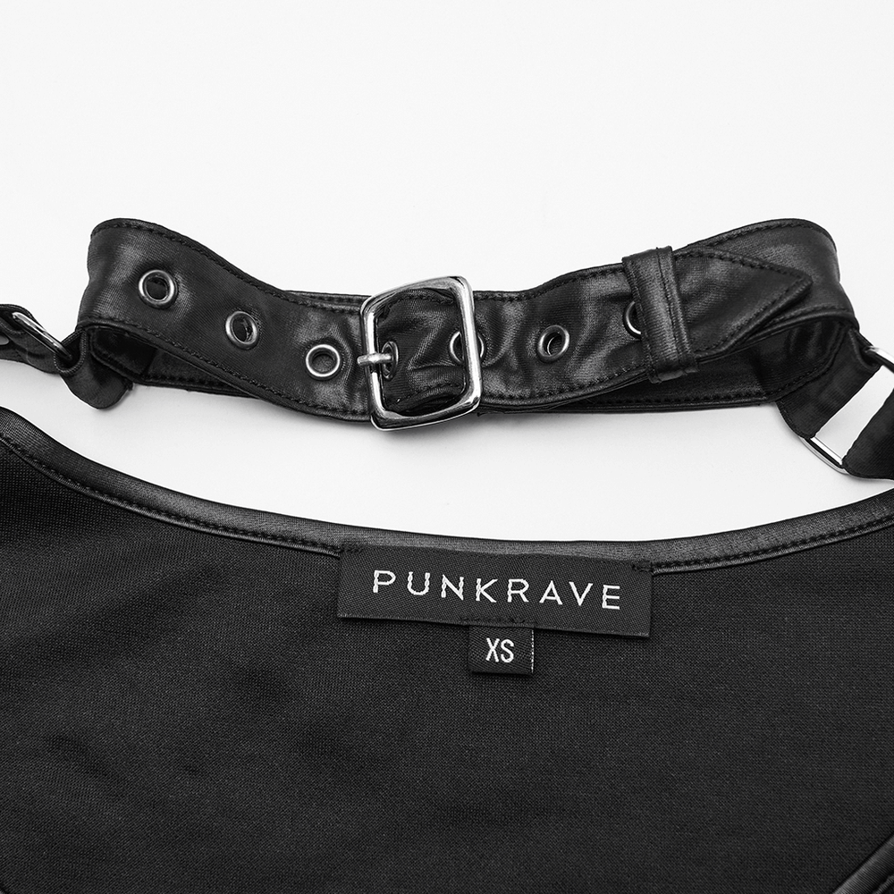 Punk Striped Mesh Top with Decorative Loop Collar featuring a stylish buckle detail and label on a black fabric background.