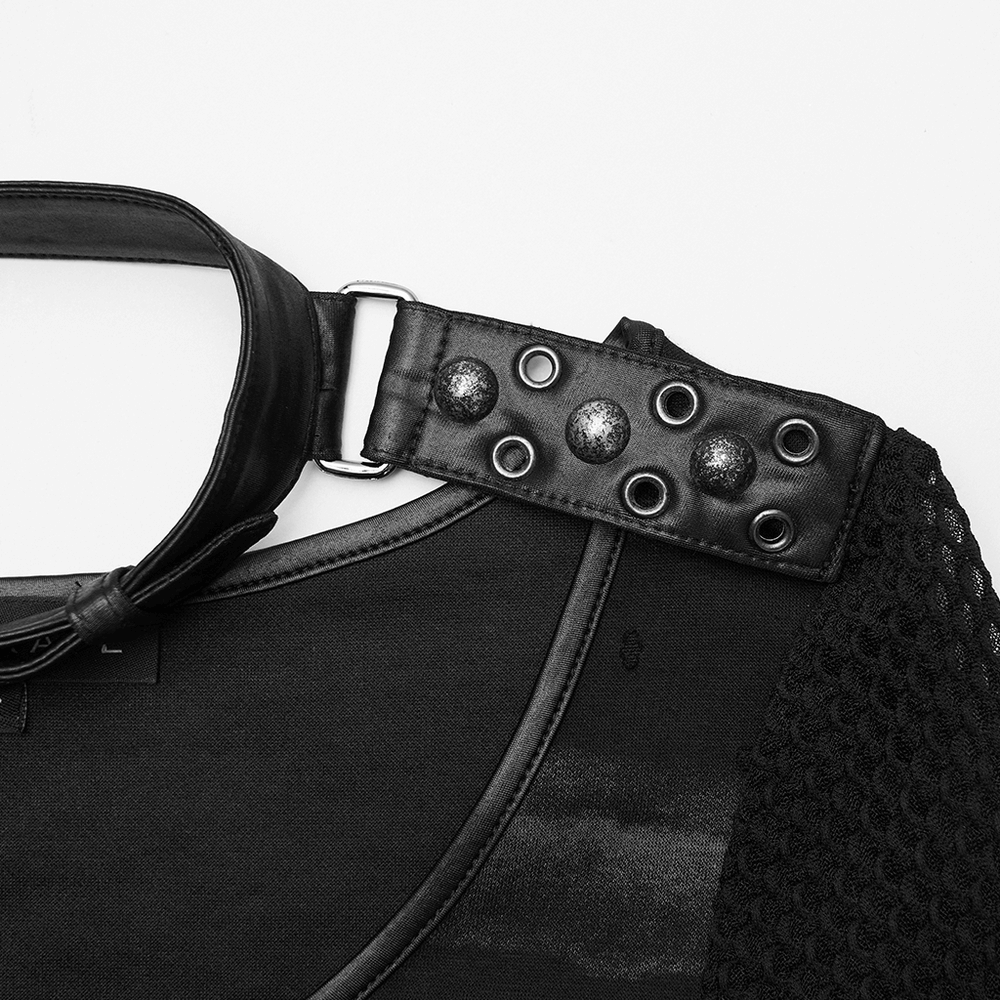 Punk Striped Mesh Top with Decorative Loop Collar showing unique loop collar detail and mesh design.