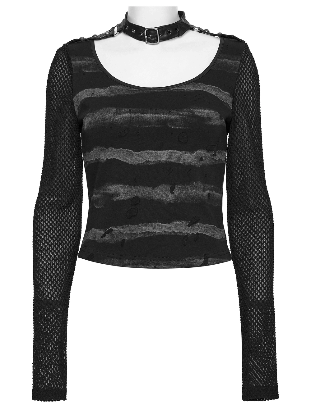 Punk Striped Mesh Top with Decorative Loop Collar featuring tattered stripes and mesh sleeves.