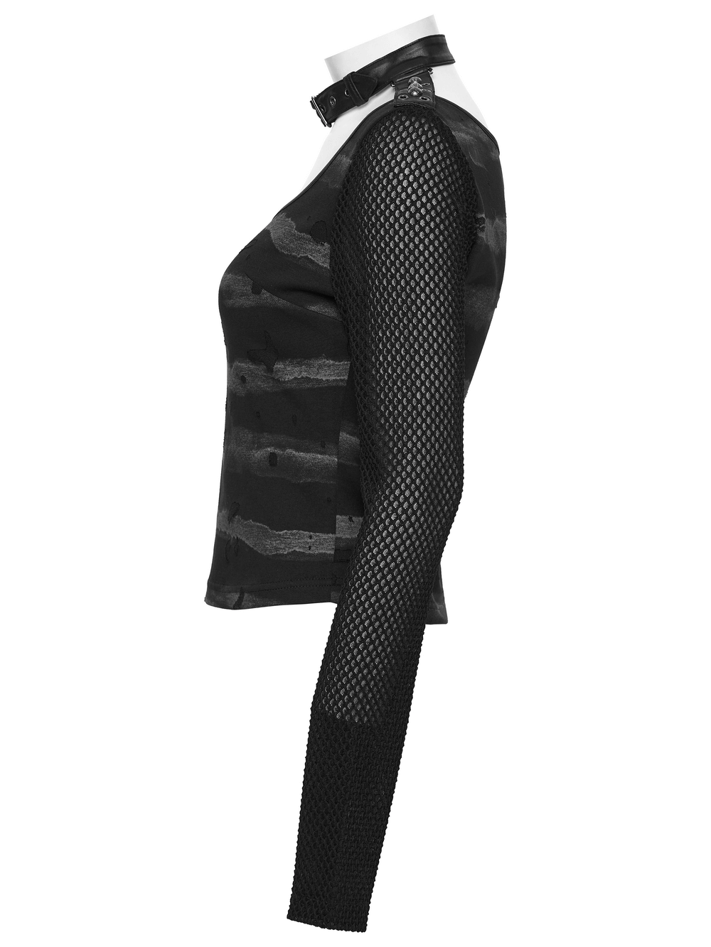 Punk Striped Mesh Top with Decorative Loop Collar showcasing tattered stripes and mesh sleeves for an edgy look.