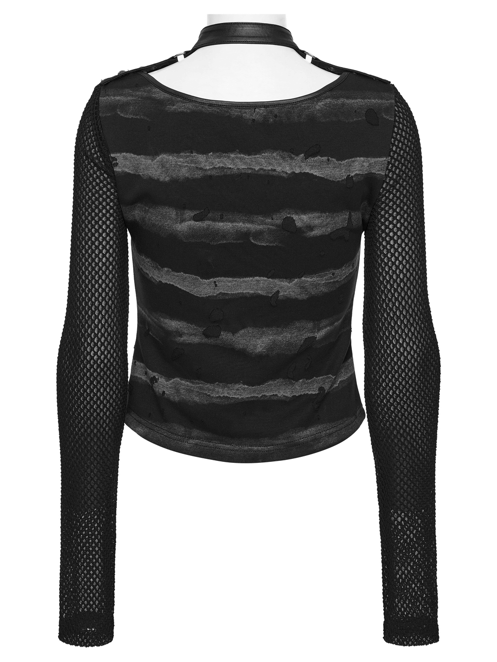 Punk Striped Mesh Top with Decorative Loop Collar showcasing tattered stripes and mesh sleeves from the back.
