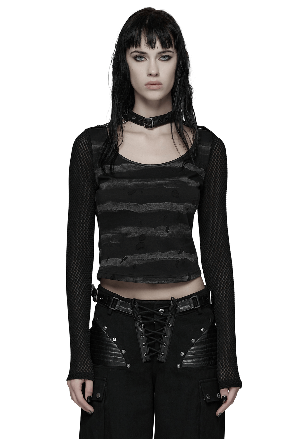 Punk Striped Mesh Top with Decorative Loop Collar modeled by a model with edgy style and layered punk fashion.