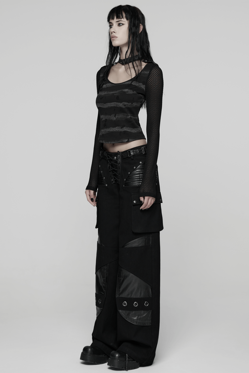 Punk Striped Mesh Top with Decorative Loop Collar worn with edgy black pants in a stylish, rebellious look.