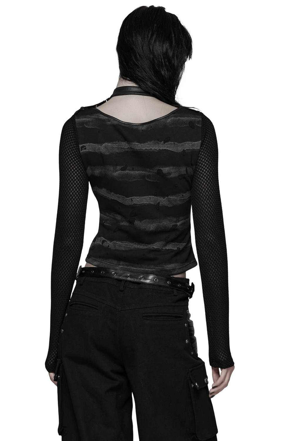 Back view of a punk striped mesh top with decorative loop collar, showcasing tattered stripes and mesh sleeves.