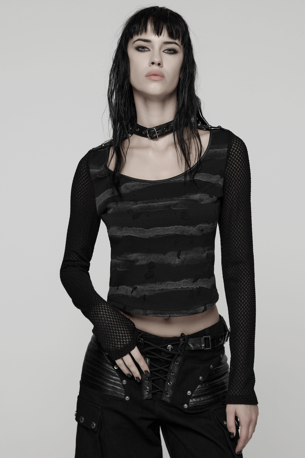 Punk Striped Mesh Top with Decorative Loop Collar on a model, showcasing tattered stripes and mesh sleeves.
