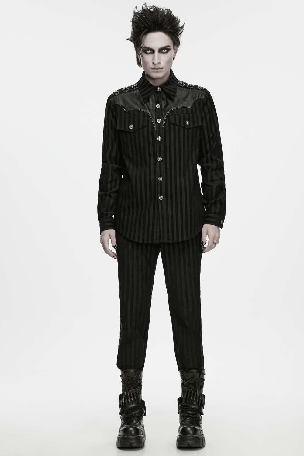 Punk Striped Trousers with Claw Buckles and Twill Panels, black gothic style pants on model