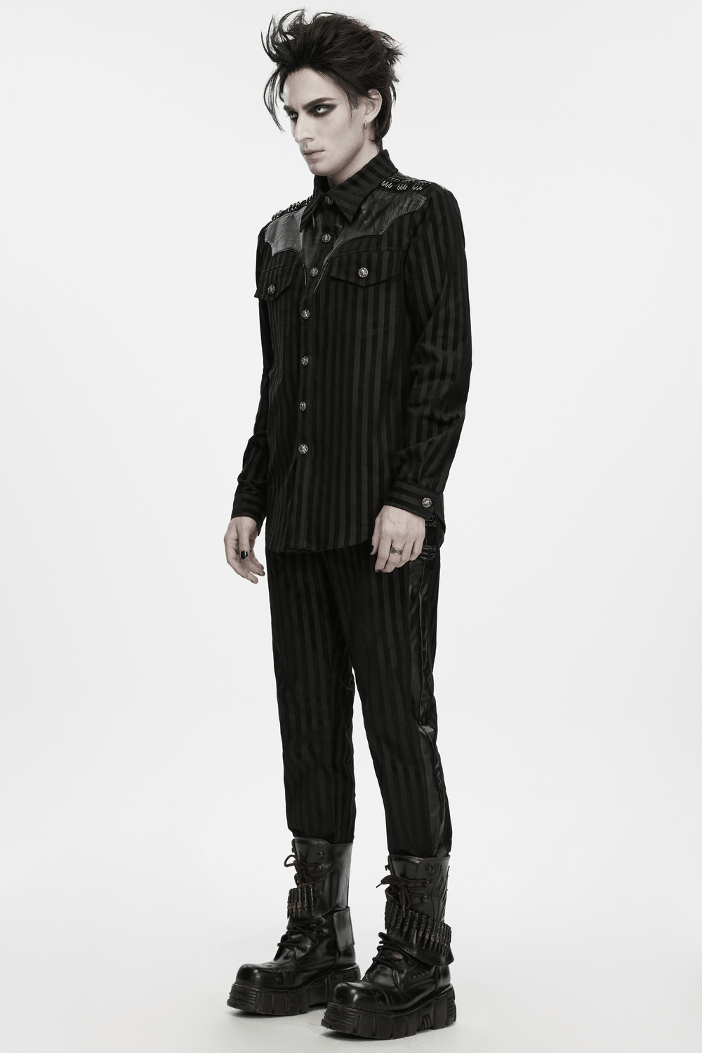 Punk Striped Trousers with Claw Buckles and Twill Panels on a gothic model in black streetwear