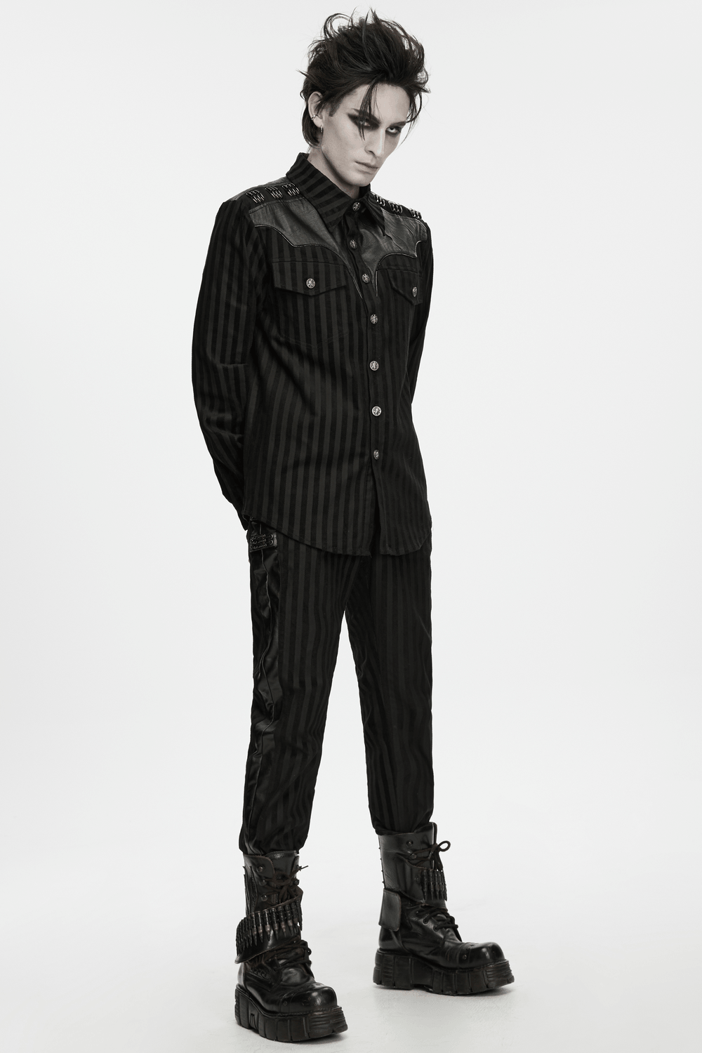 Punk Striped Trousers with Claw Buckles and Twill Panels, black striped punk pants with buckles and twill details