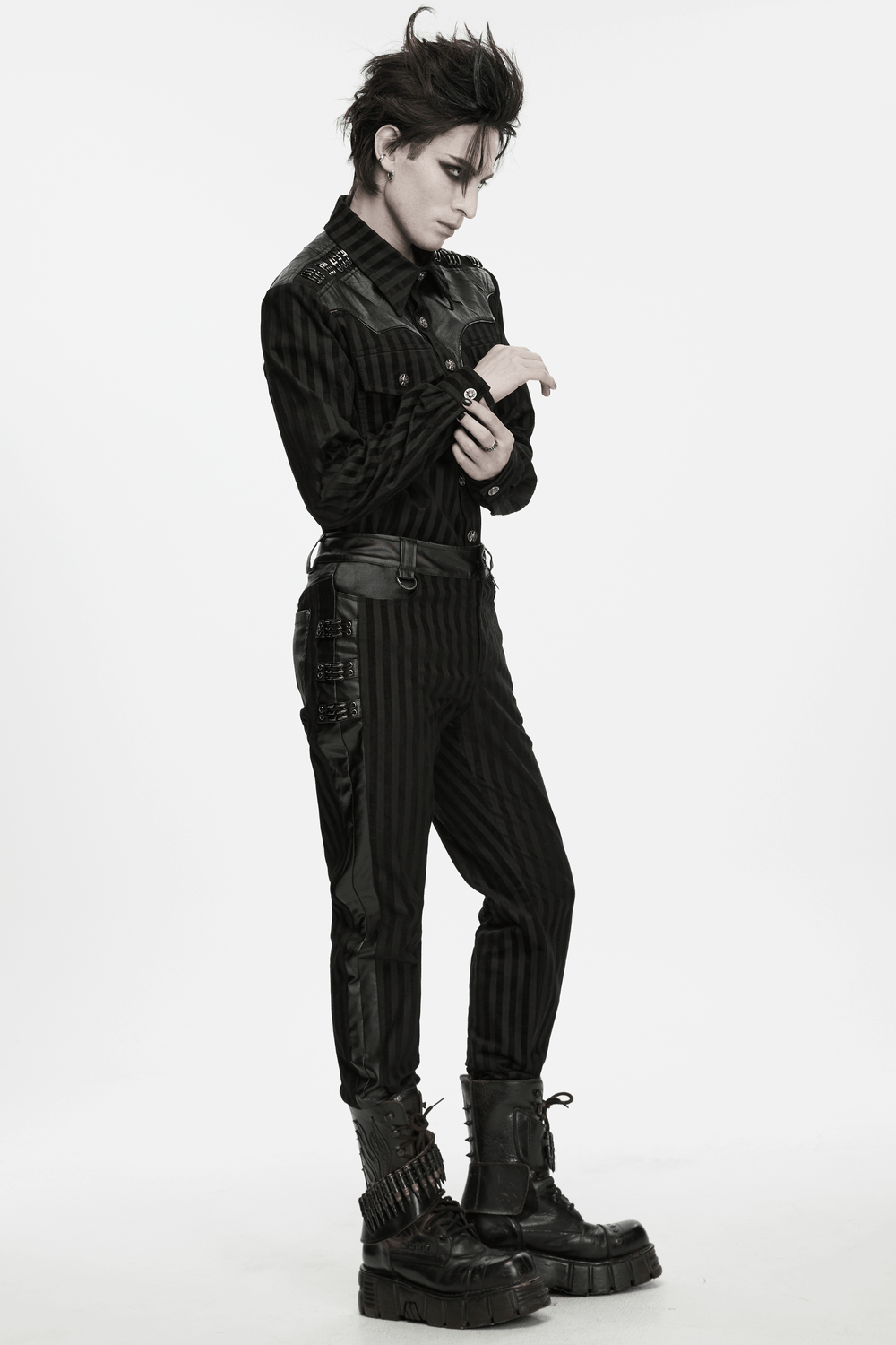 Punk Striped Trousers with Claw Buckles and Twill Panels, edgy black striped goth pants with buckled details and combat boots