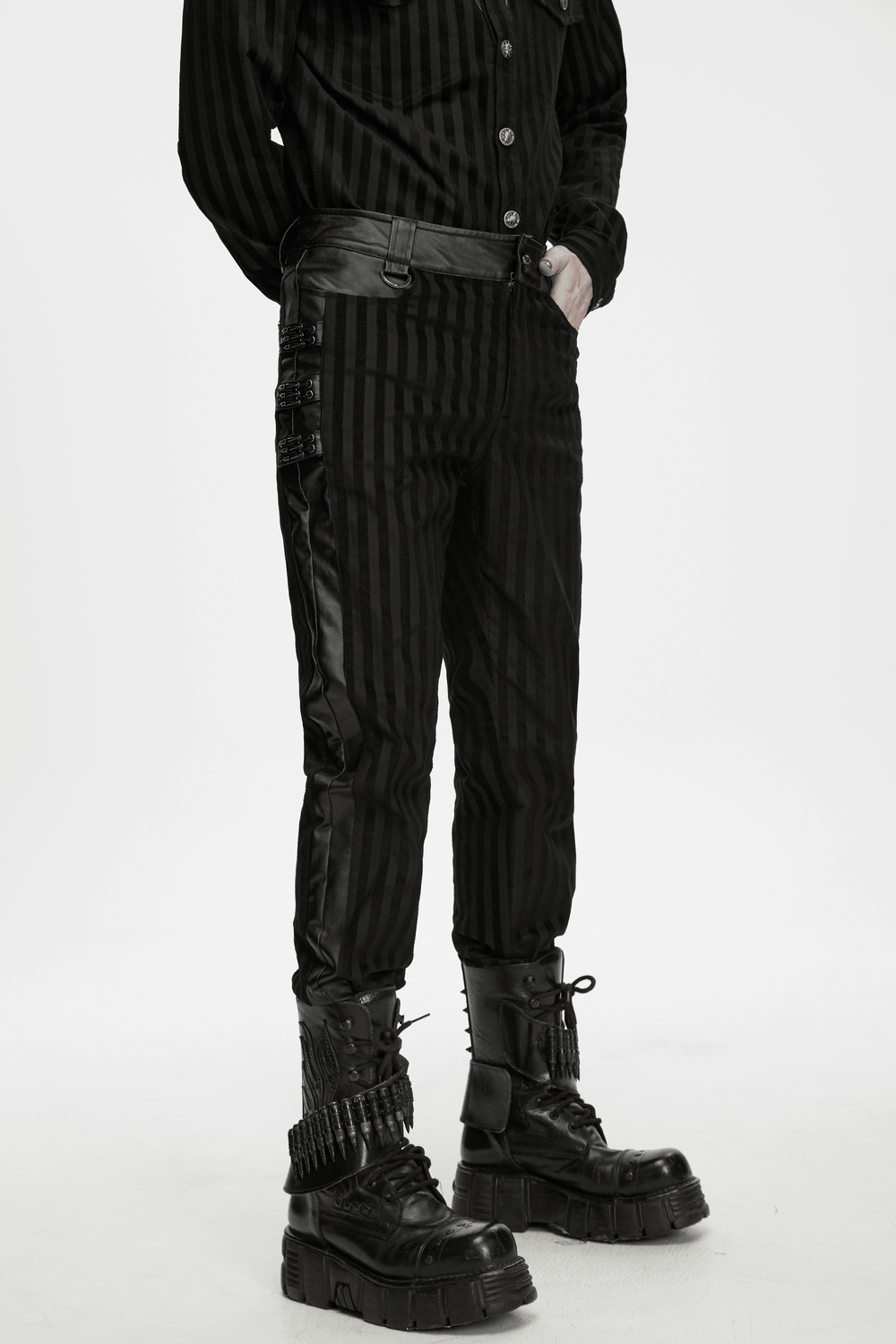 Punk Striped Trousers with Claw Buckles and Twill Panels, black gothic pants with buckles and platform boots