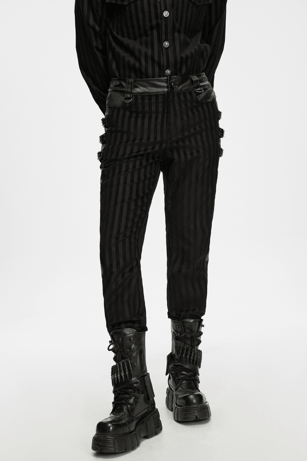 Punk Striped Trousers with Claw Buckles and Twill Panels in black striped fabric with edgy bootcut styling