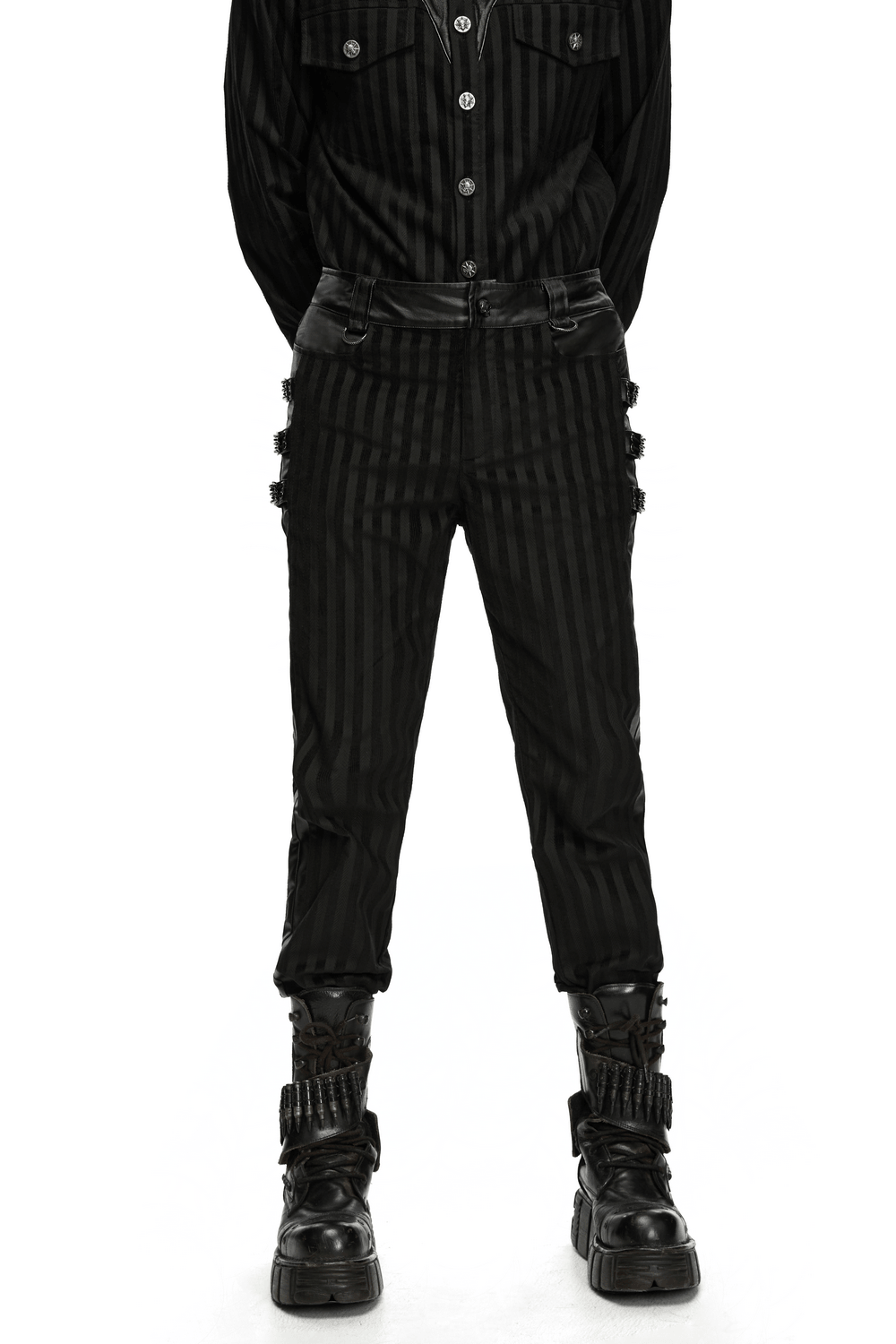 Punk Striped Trousers with Claw Buckles and Twill Panels on model, edgy black striped fit with boots