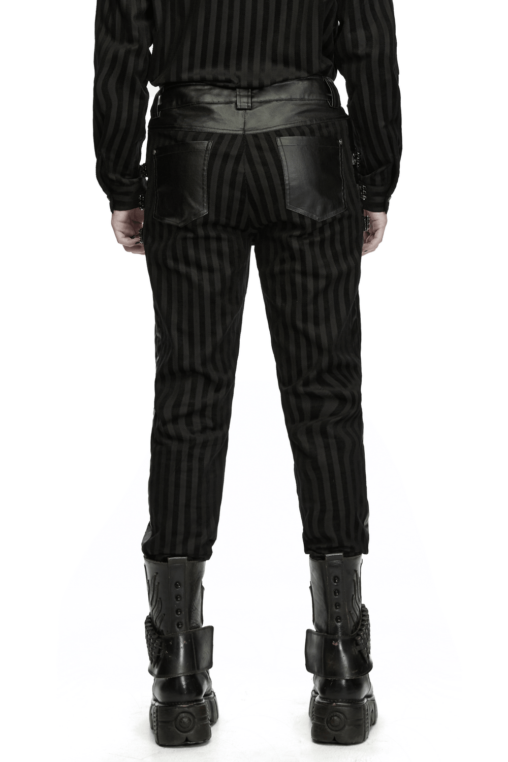 Punk Striped Trousers with Claw Buckles and Twill Panels, black striped back view with leather panels