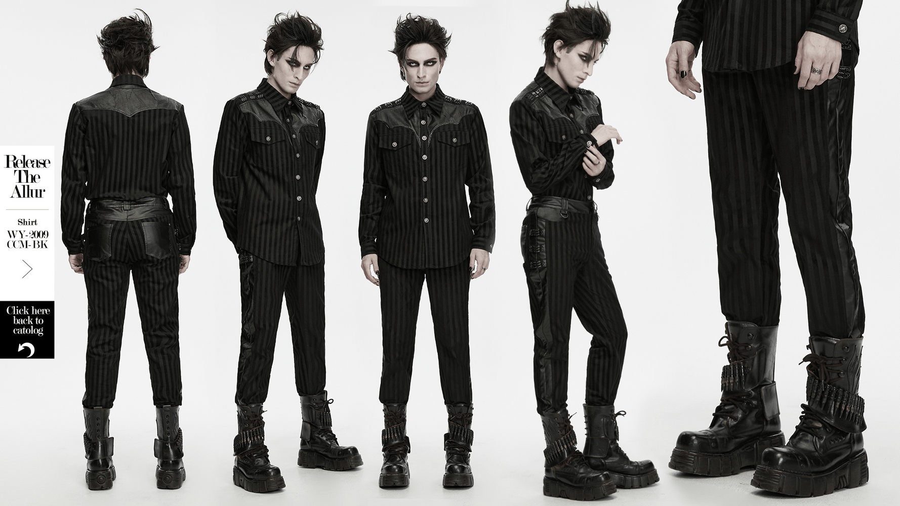 Punk Striped Trousers with Claw Buckles and Twill Panels, black striped punk pants with buckled details