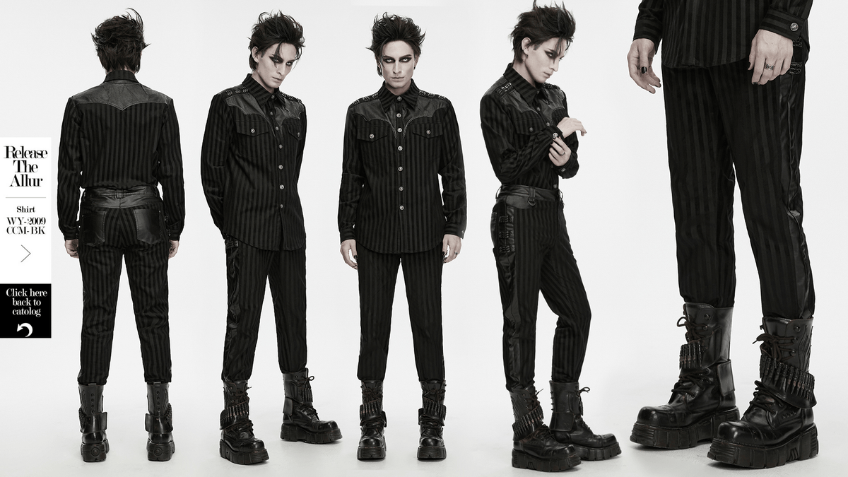 Punk Striped Trousers with Claw Buckles and Twill Panels, black striped punk pants with buckled details