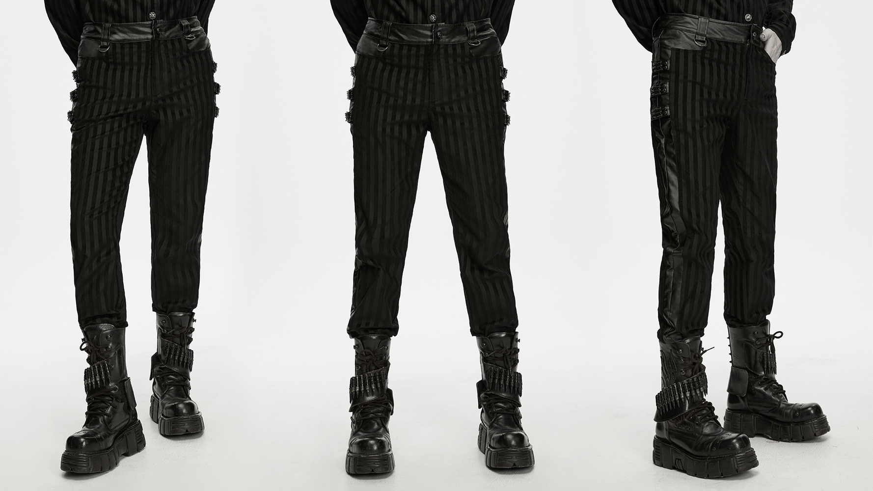 Punk Striped Trousers with Claw Buckles and Twill Panels, black striped punk pants with chunky boots