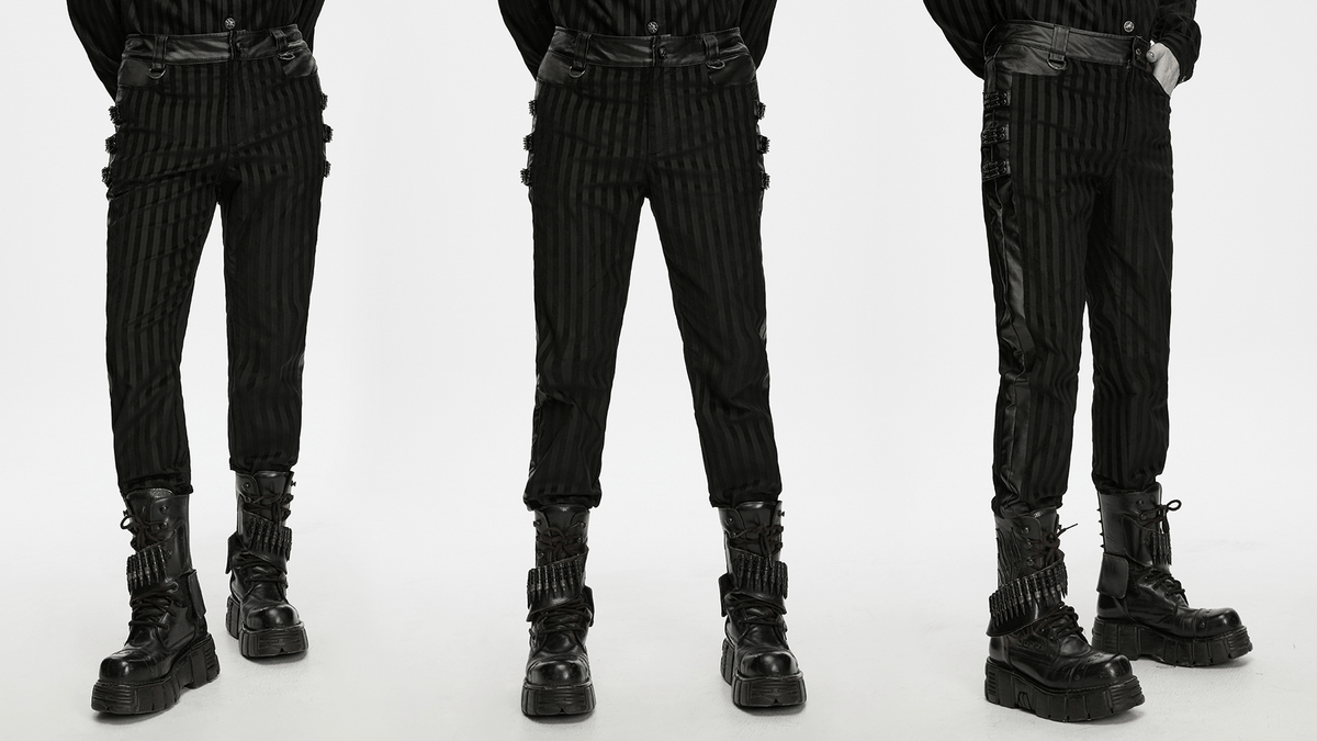 Punk Striped Trousers with Claw Buckles and Twill Panels, black striped punk pants with chunky boots