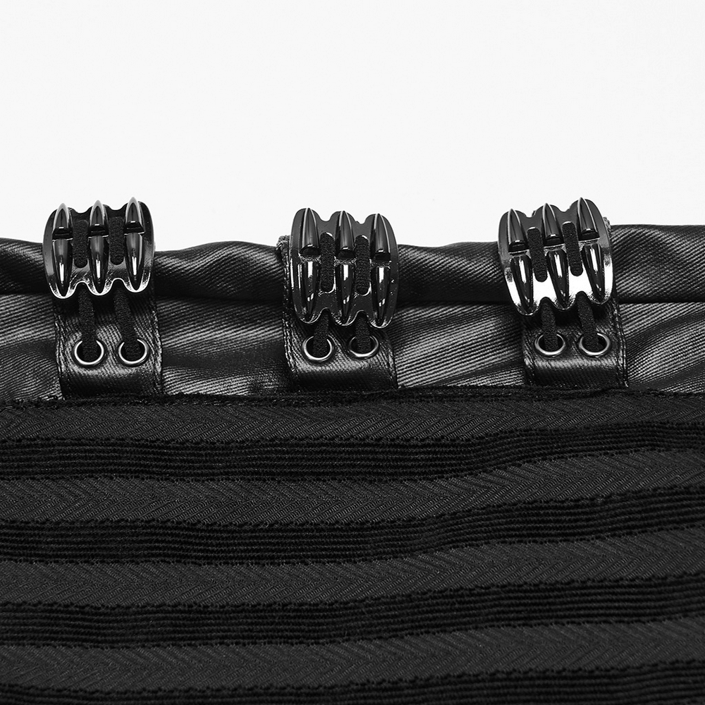 Punk Striped Trousers with Claw Buckles and Twill Panels close-up featuring black striped fabric and claw buckle details