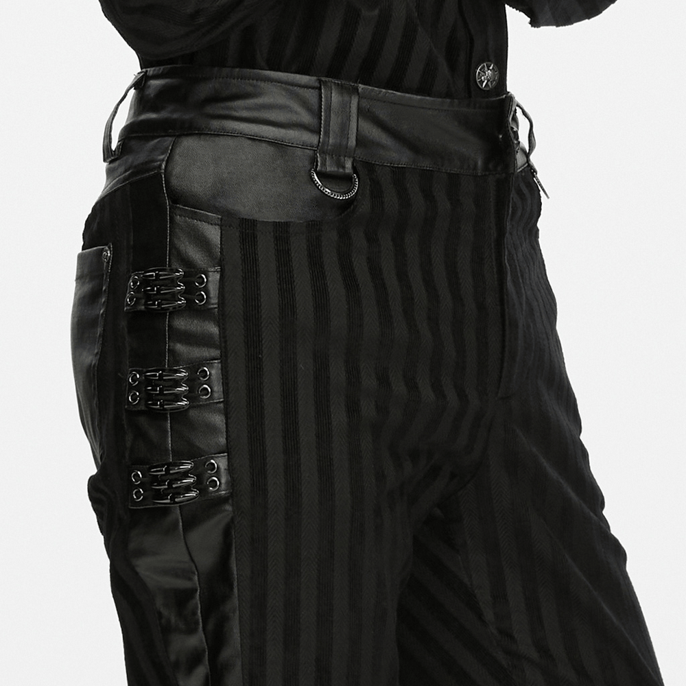 Punk Striped Trousers with Claw Buckles and Twill Panels in black with edgy side buckles and striped texture