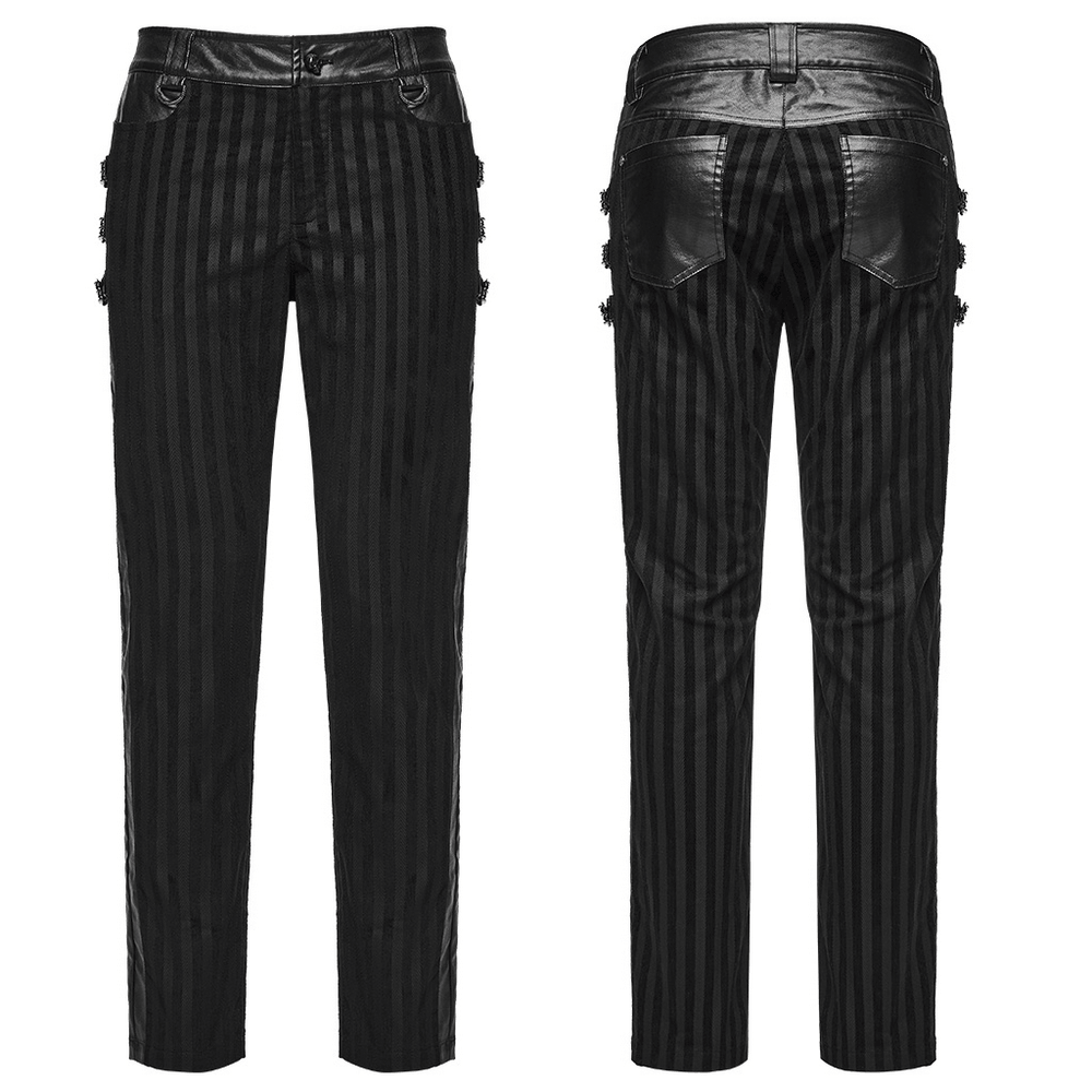 Punk Striped Trousers with Claw Buckles and Twill Panels, black punk trousers with striped fabric and claw buckles