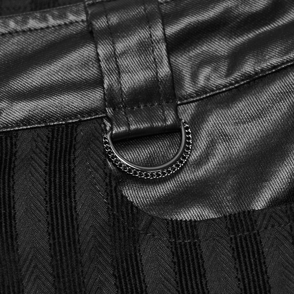 Punk Striped Trousers with Claw Buckles and Twill Panels, close-up black fabric detail with metal ring