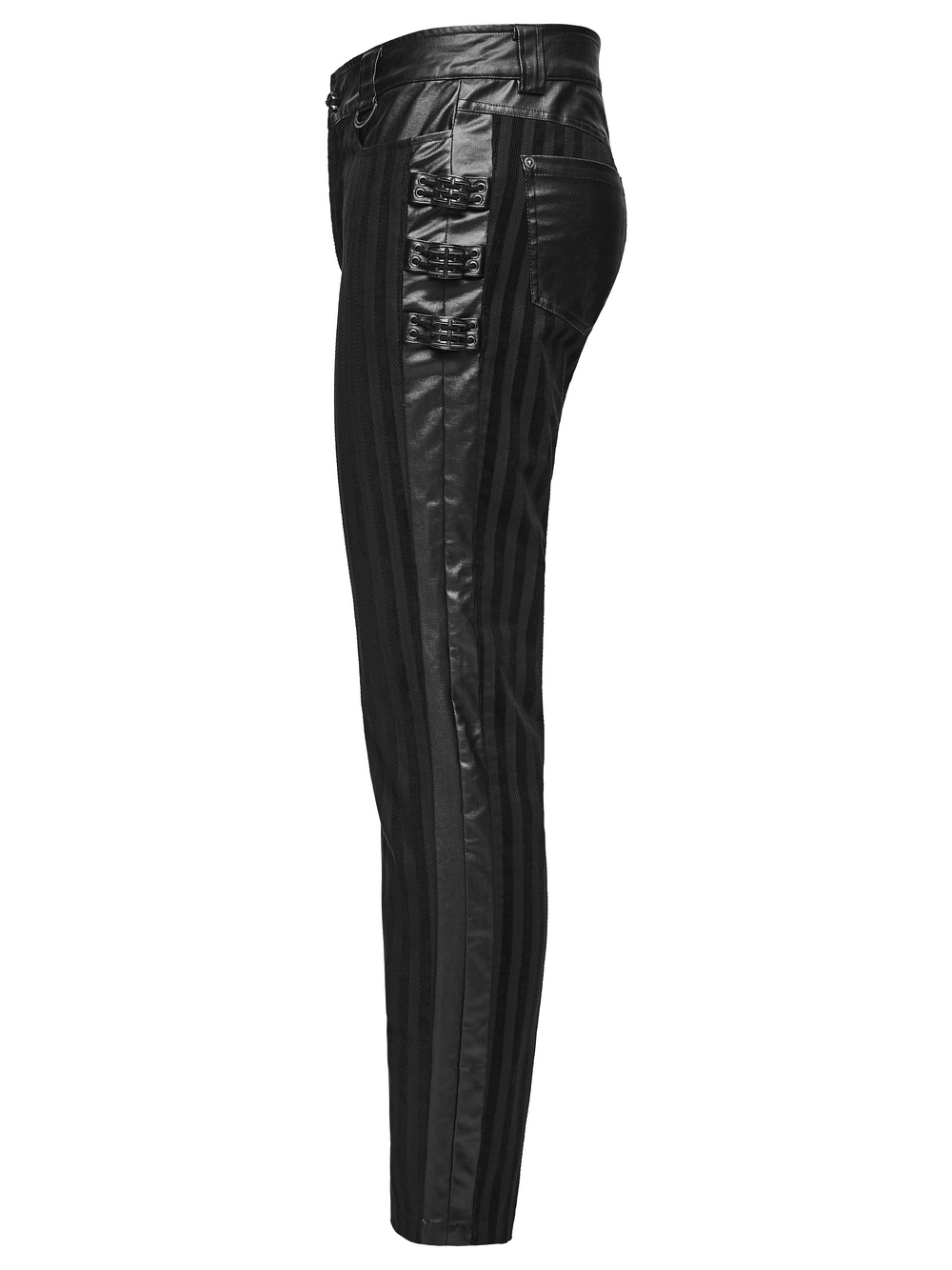 Punk Striped Trousers with Claw Buckles and Twill Panels in black, edgy skinny fit with bold side details