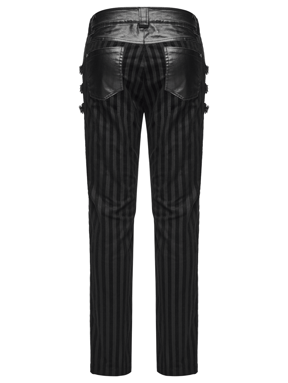 Punk Striped Trousers with Claw Buckles and Twill Panels in black, back view, with leather pockets and edgy stripe detail