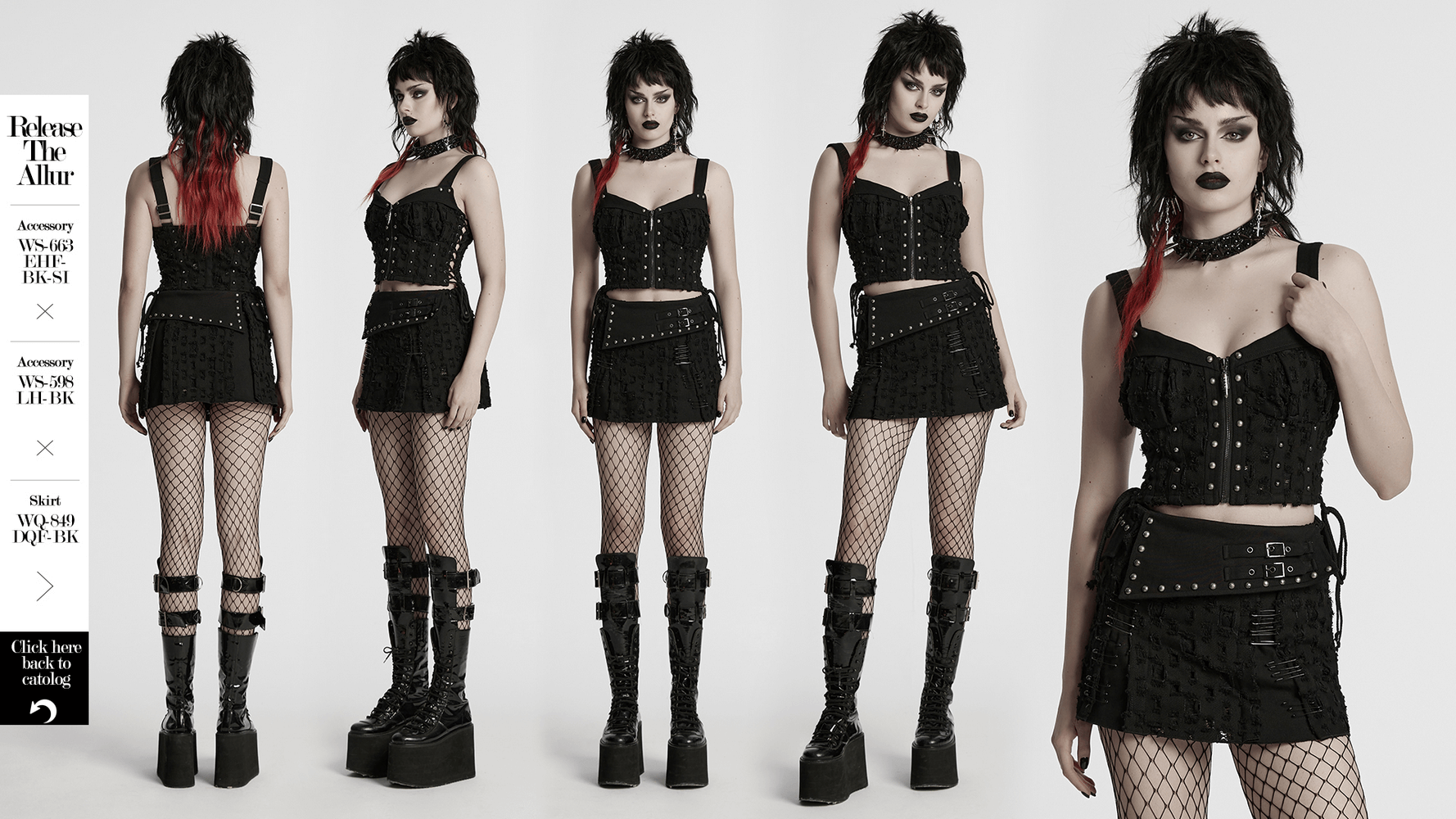 Punk studded denim top with adjustable drawstrings, styled with fishnet tights and bold platform boots.