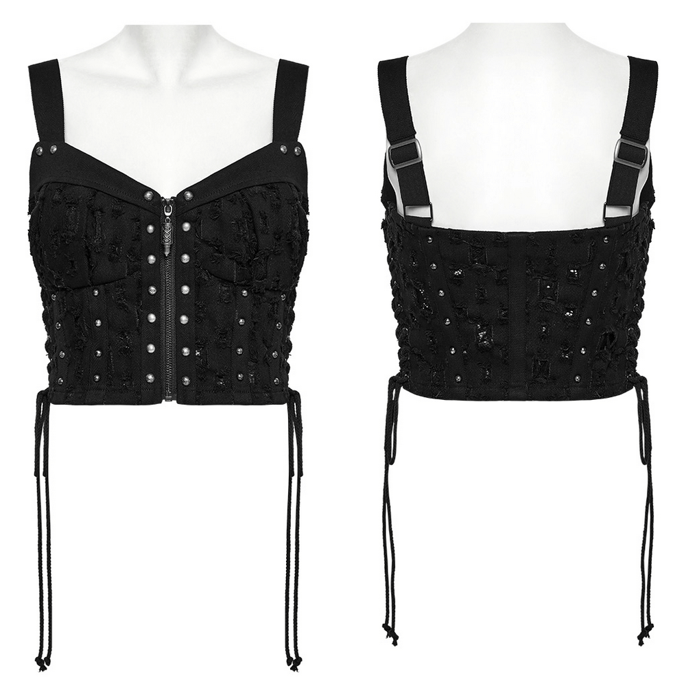 Punk studded denim top with adjustable drawstrings, featuring a stylish corset design and unique button detail.