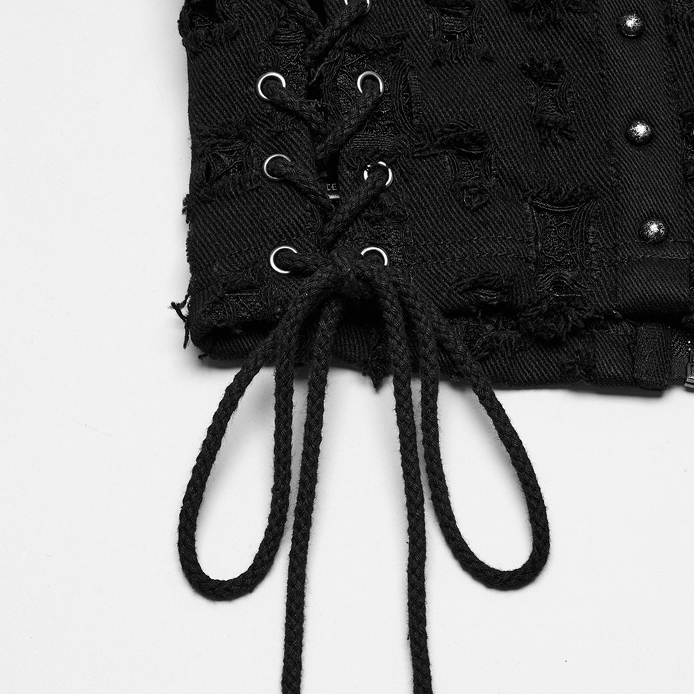 Punk studded black denim top featuring adjustable drawstrings for a stylish and edgy look.