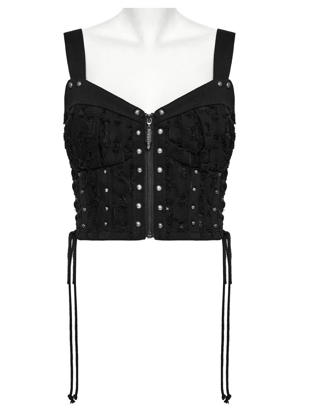 Punk studded denim top featuring adjustable drawstrings and stylish silver studs for a trendy look.