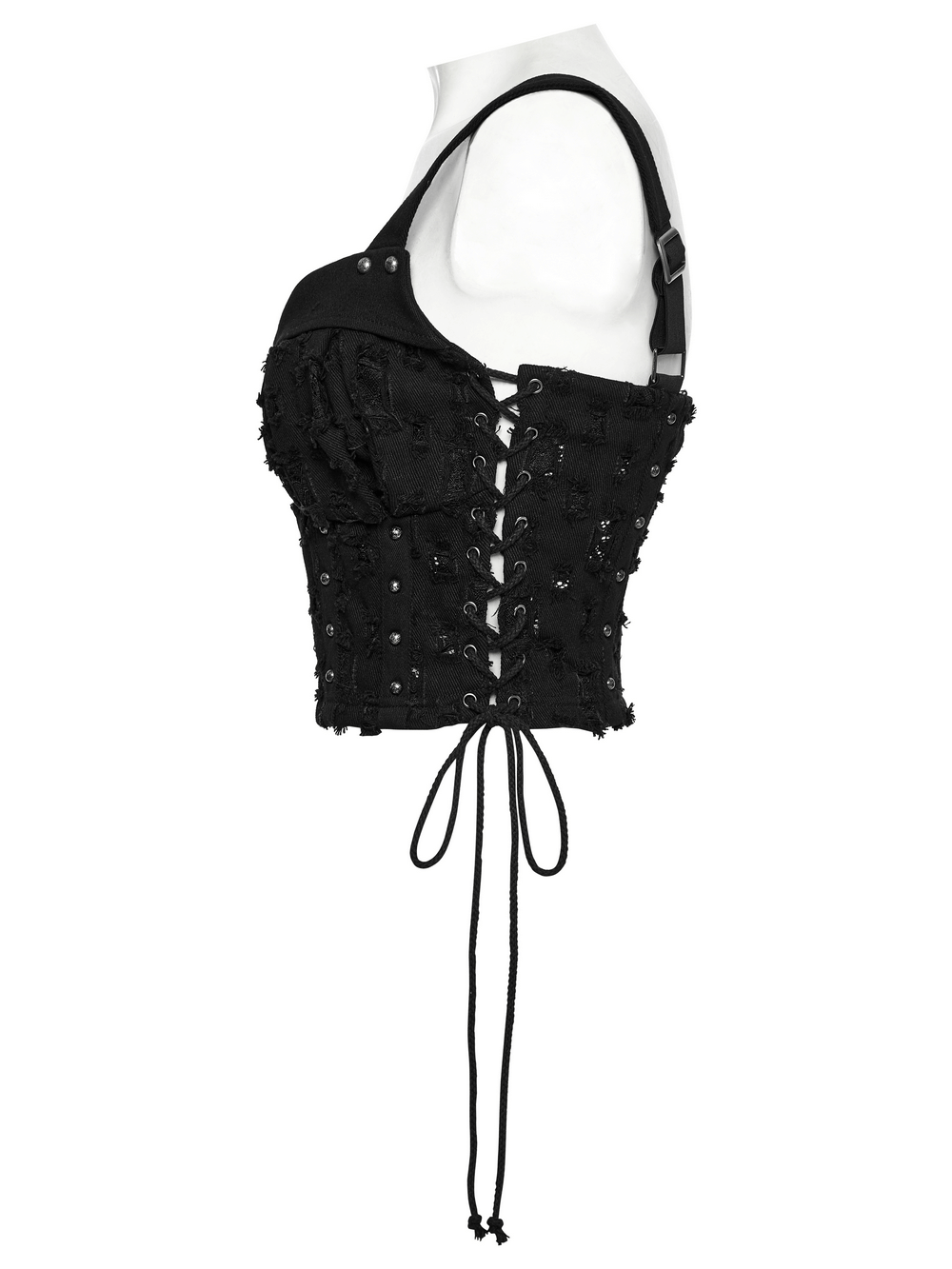 Punk studded denim top with adjustable drawstrings, featuring lace-up front and edgy design.