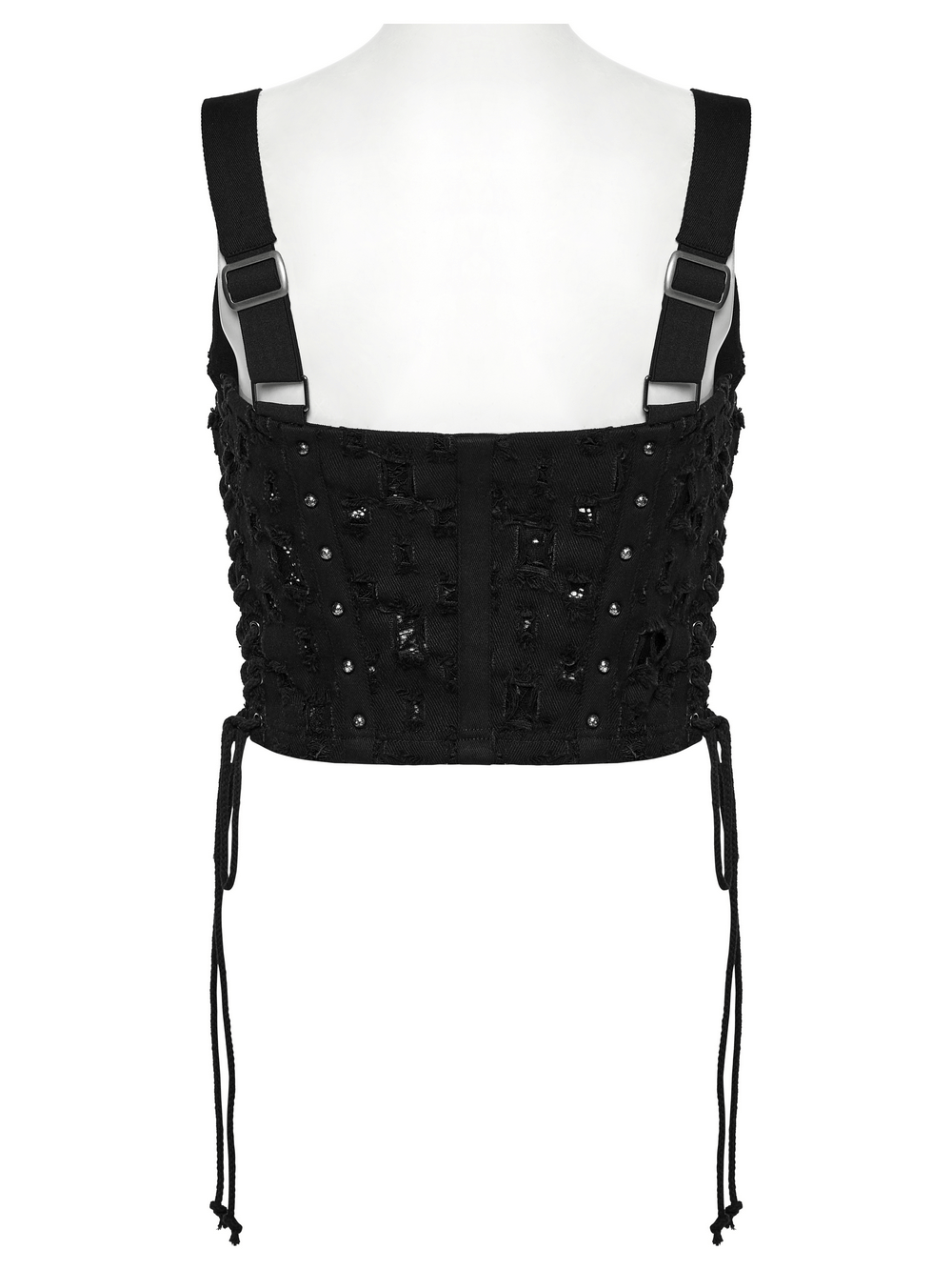 Punk studded black denim top featuring adjustable drawstrings for a stylish fit and unique design.