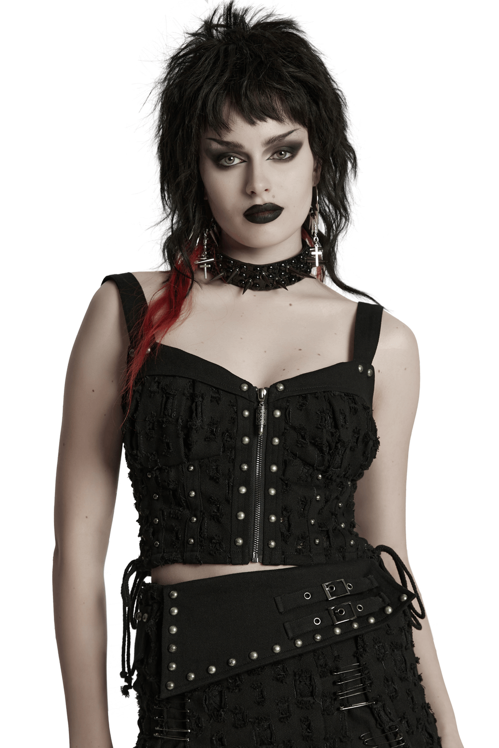 Punk studded denim top with adjustable drawstrings, featuring bold black attire and edgy accessories.