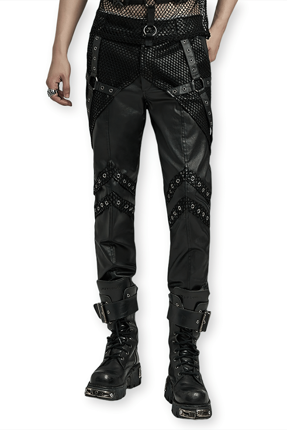 Punk Studded Mesh-Insert Leather Pants for Men