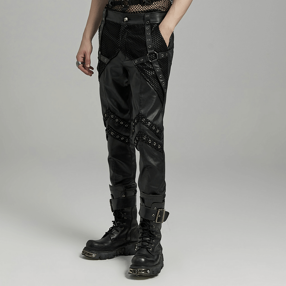 Punk Studded Mesh-Insert Leather Pants for Men