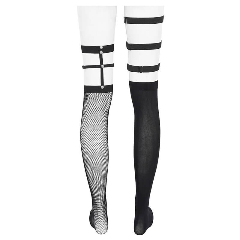 Punk style asymmetrical socks with studs and garter for women, showcasing a rebellious and bold fashion statement.