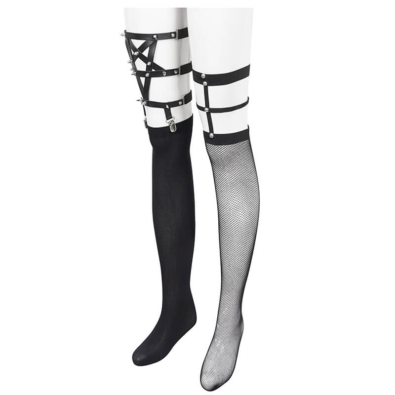 Punk style asymmetrical socks with garter and studded details for women, showcasing alternative fashion.