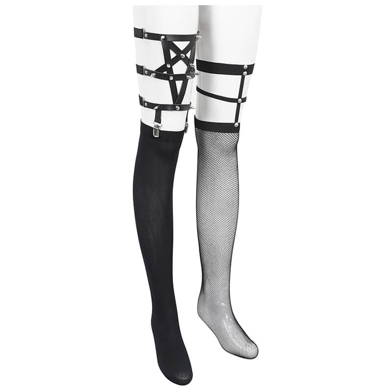 Punk style asymmetric socks with studs and garter on a mannequin, showcasing alternative fashion for audacious women.